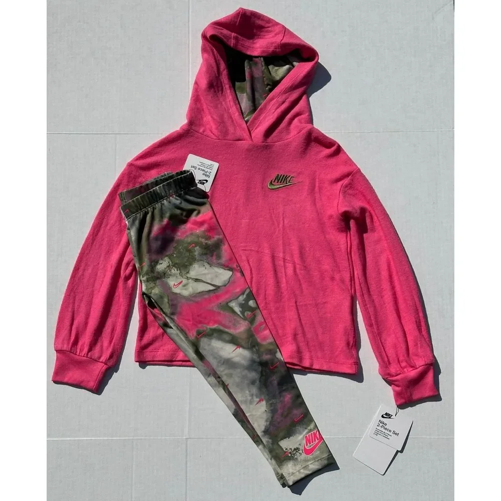 NWT Nike Girls Pullover Hoodie and Leggings Set Pink Olive - Size 5